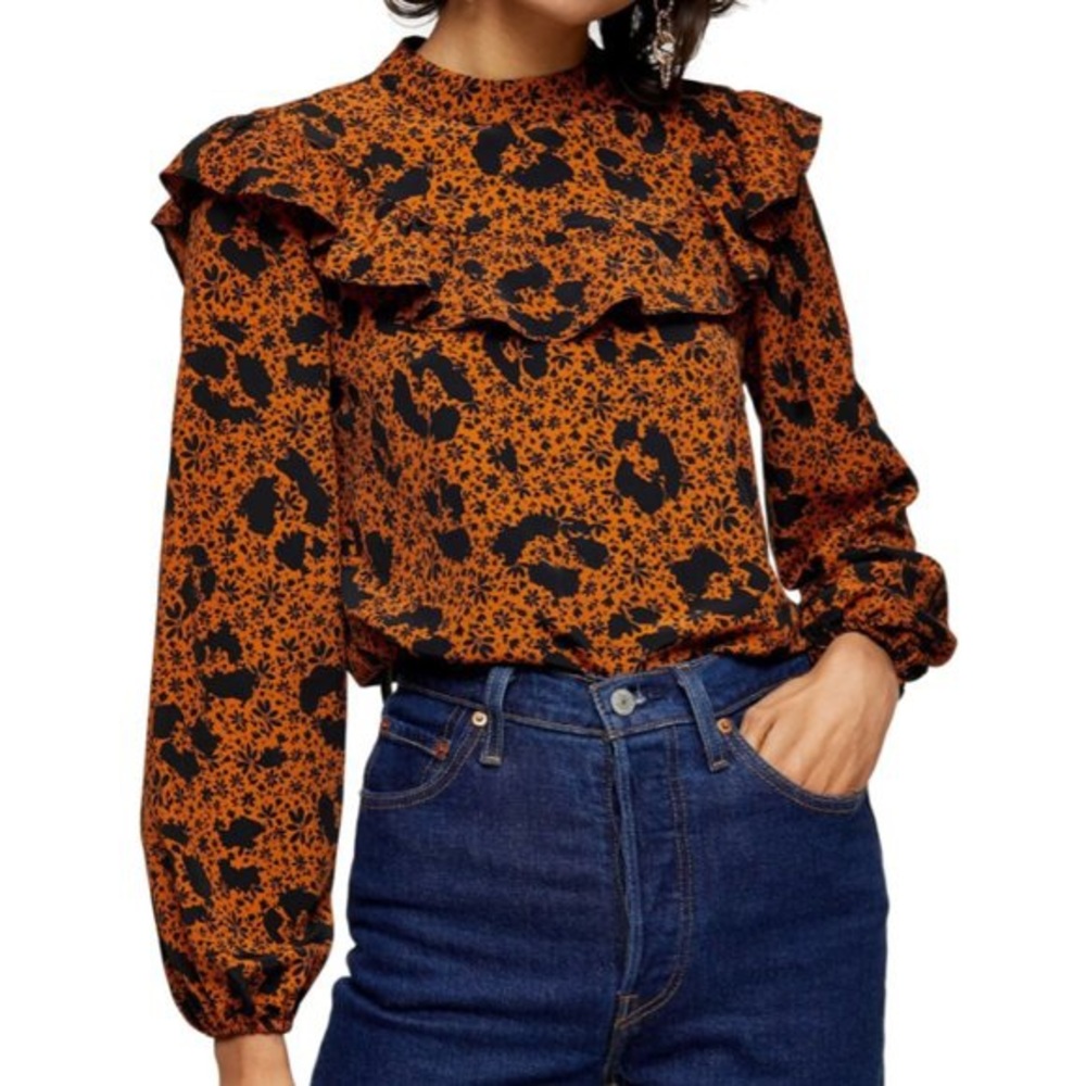 Topshop ruffle yoke animal print top